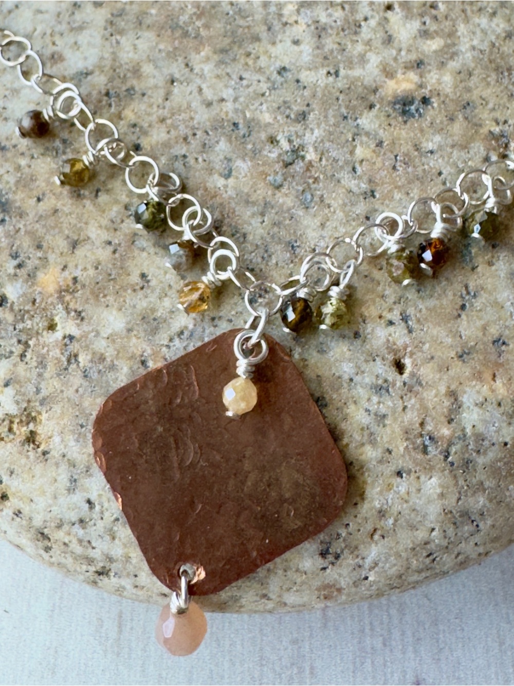 Hand Crafted Copper Pendant Necklace with Tourmaline and Peach Moonstone